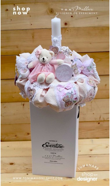 Lumanare de botez cu ursuleti roz, dantela roz si pattern floral cu trandafiri Teddy Bear Pink 5